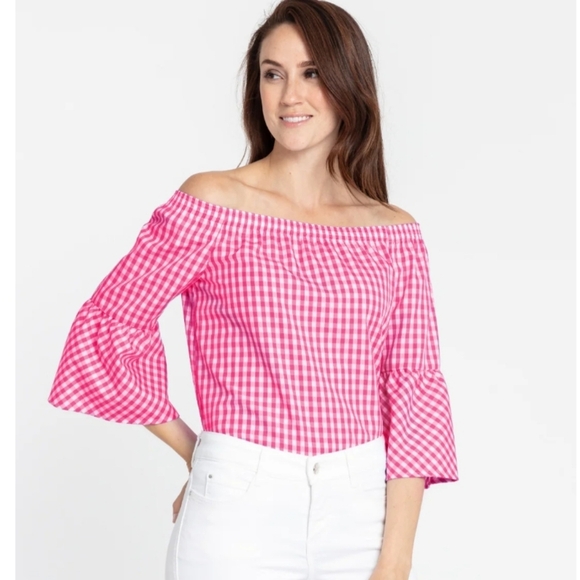 Hinson Wu Lena Off Shoulder 3/4 Sleeve Pink Gingham Off-Shoulder Top Size XS - Picture 1 of 10